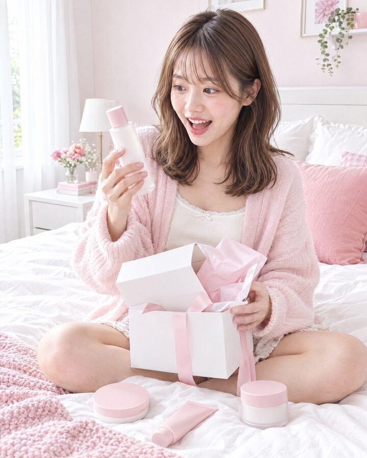 届いた商品の箱を開けて喜ぶ女性