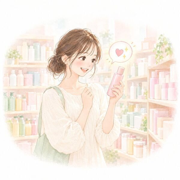 たくさんの商品の中から1つを手に取る女性のイラスト
