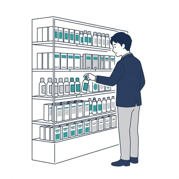 たくさんの商品の中から1つを手に取る男性のイラスト